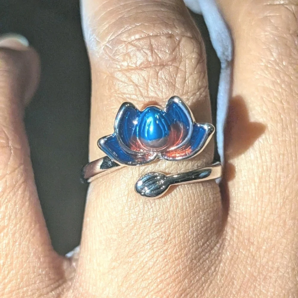 Women's Sterling Silver 925 Blue-Purple Lotus Flower Cloisonne Adjustable Size